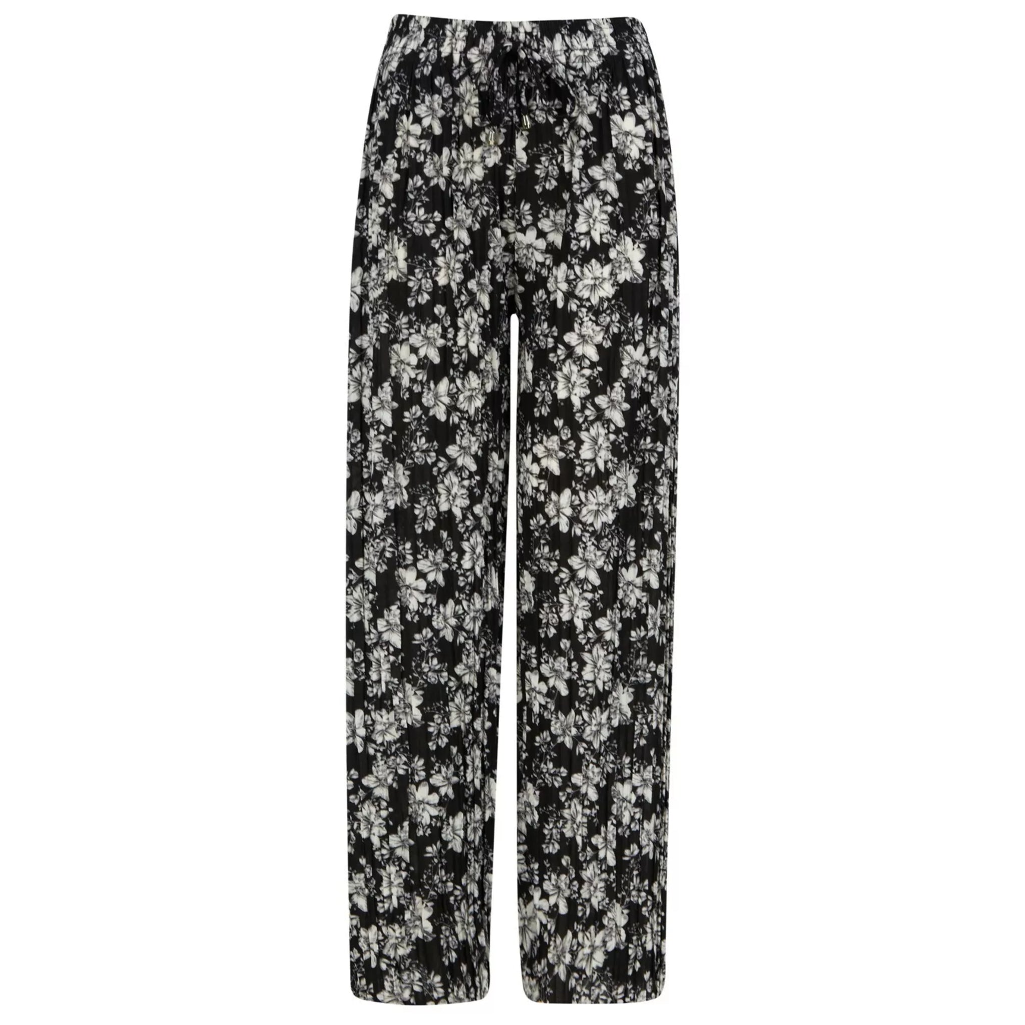 Ladies black floral print harem palazzo trousers with elastic waistband and drawstring
